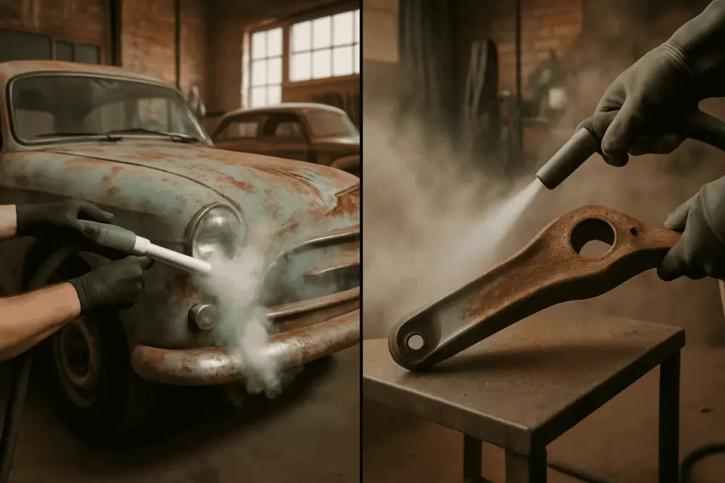 Trockeneisstrahlen oder Sandstrahlen eines Oldtimers