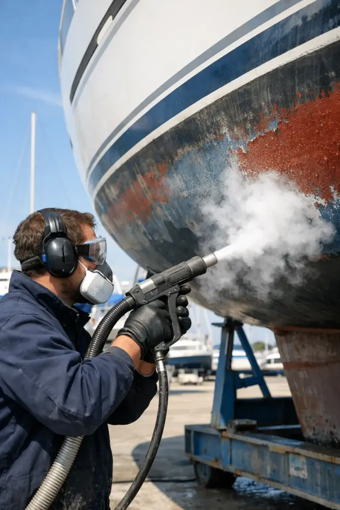 Trockeneisstrahlen entfernt altes Antifouling vom Bootsrumpf – rückstandslos und ohne Chemikalien