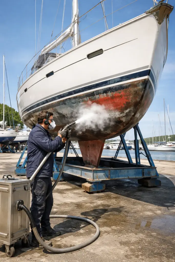 Boot auf Werftständer wird mit Trockeneisstrahlen gereinigt – mobiler Einsatz in Norddeutschland