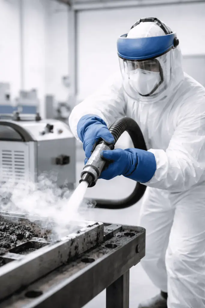 Techniker mit Schutzausrüstung beim Trockeneisstrahlen einer Metalloberfläche