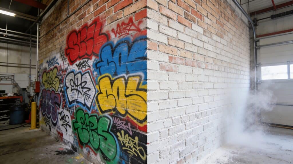 Trockeneisstrahlen entfernt Graffiti von einer Backsteinfassade – rückstandslos und ohne Chemikalien