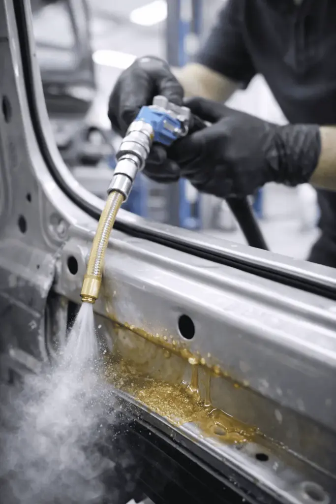 Fachmann trägt Hohlraumversiegelung in Fahrzeugschweller ein – professioneller Rostschutz