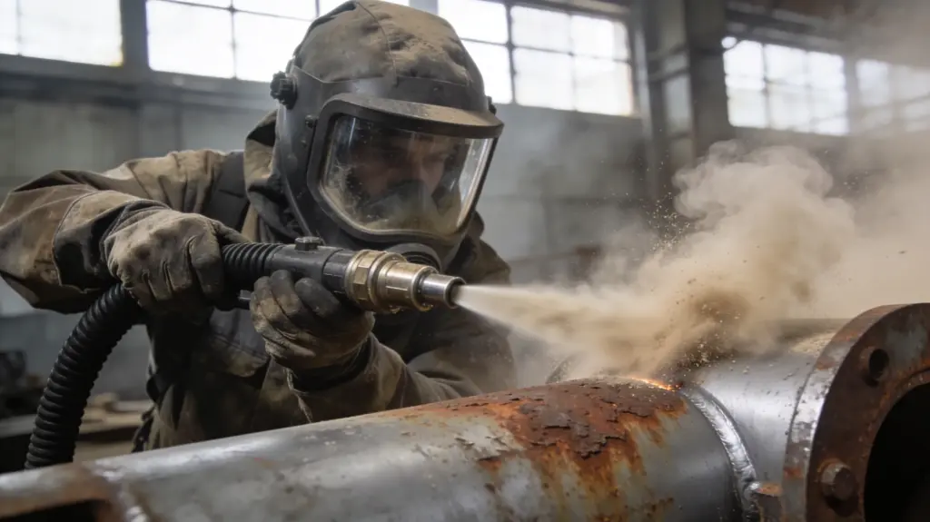 Sandstrahlen entfernt Rost von einer Metalloberfläche in einer professionellen Werkstatt