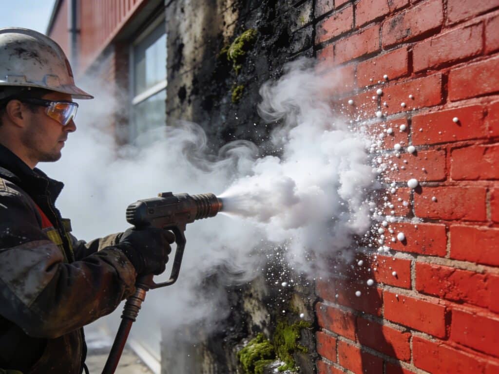 Trockeneisstrahlen reinigt eine Klinkerfassade – ohne Wasser, ohne Chemikalien