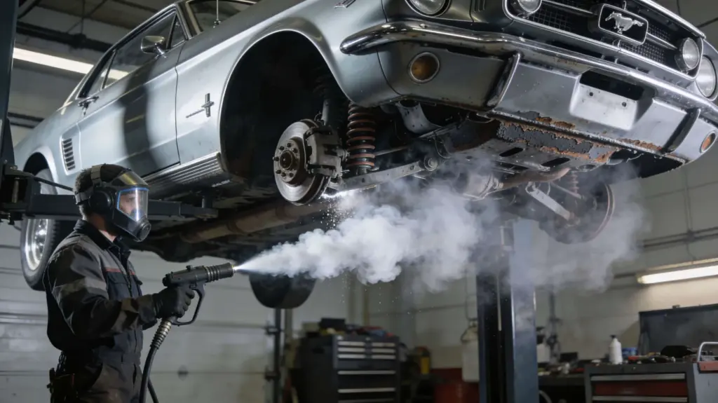 Oldtimer-Unterboden wird mit Trockeneisstrahlen von Rost und altem Unterbodenschutz befreit