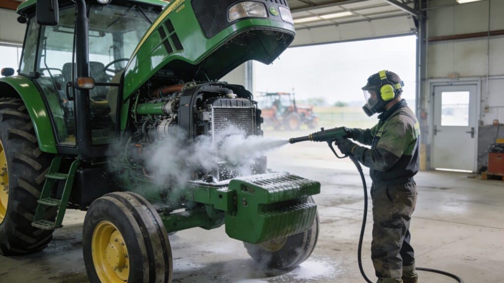 Traktor wird mit Trockeneisstrahlen gereinigt – gründlich ohne Wasser und Chemikalien
