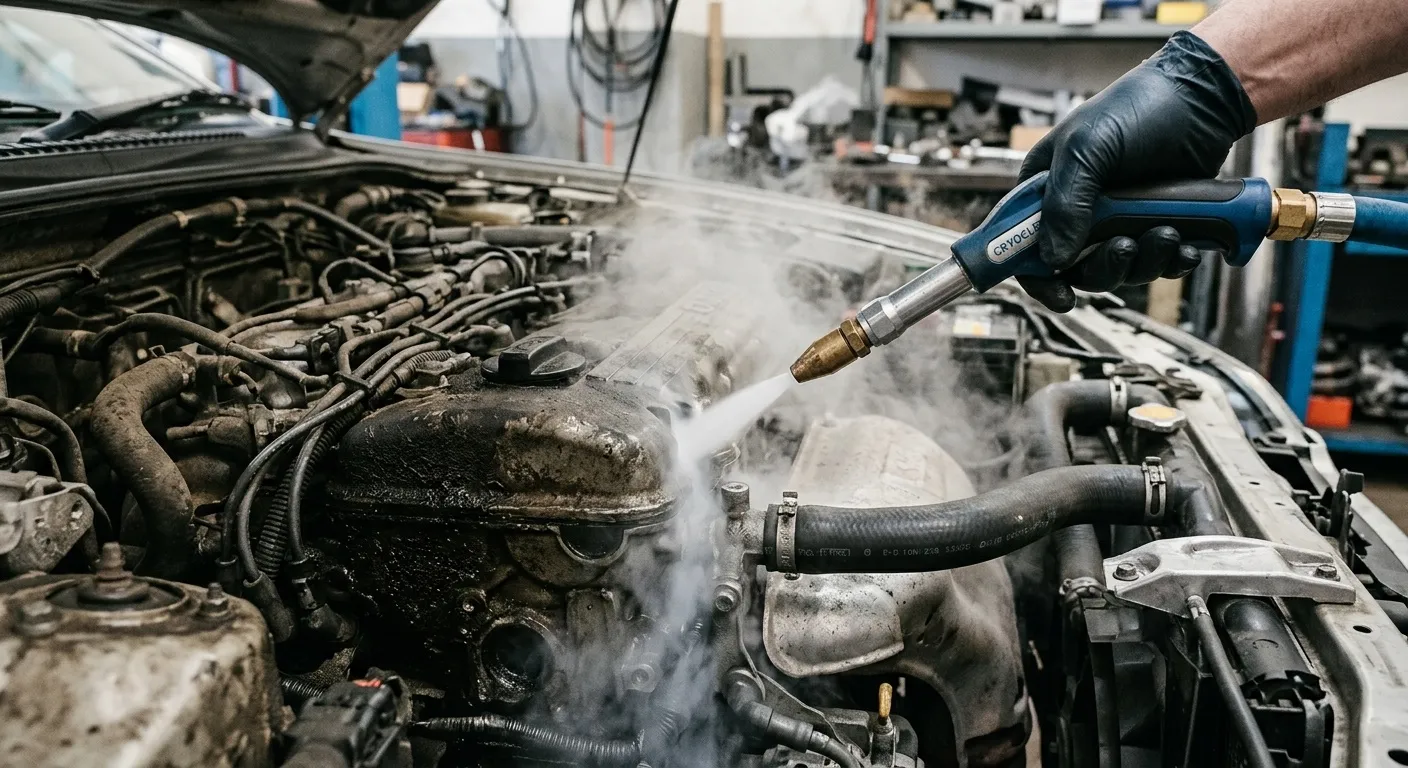 Trockeneisstrahlen im Motorraum: die Strahlpistole löst eingebrannte Öl- und Fettschichten vom Motorblock, CO₂-Nebel steigt auf